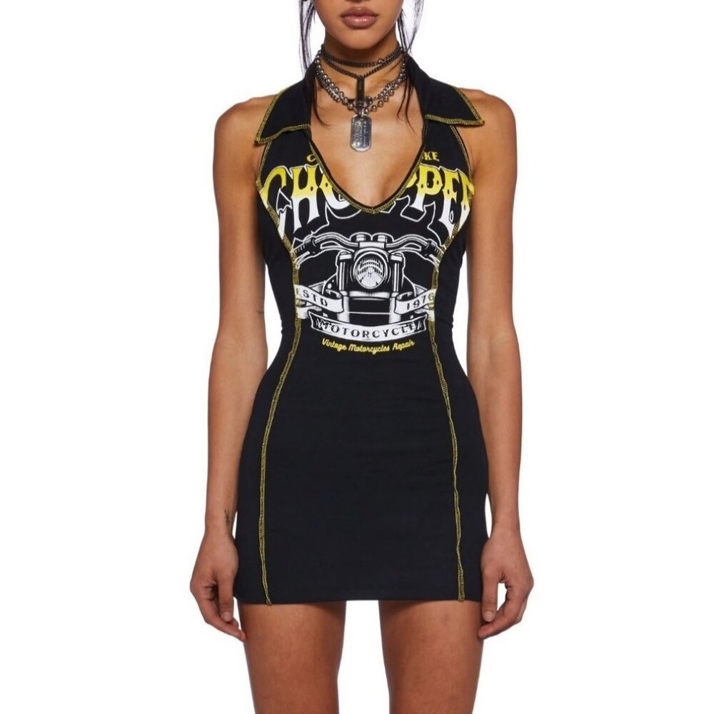 January 7 Rev Me Up Halter Dress Moto Biker Motorcycle size M Black Mini NWOT